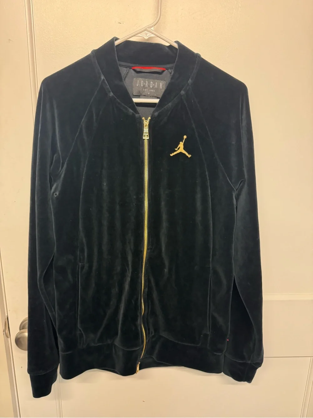 Jordan Men’s Black Velour Zip Bomber Jacket with Gold Jumpman